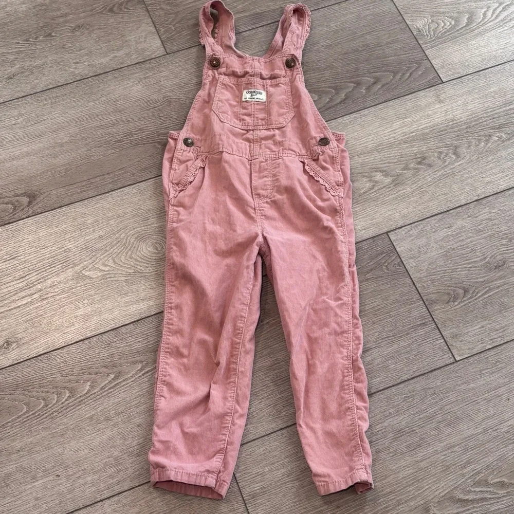 OshKosh B'gosh Corduroy Overalls Girls 4T Pink Lace Trim Bib Jumpsuit Vestbak